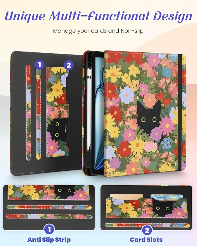 Kidcube for iPad Air 11 Inch Case M3/M2, Air 5th/4th Generation Cases 10.9'', Pro 11'' 2020 - Women Girls Aesthetic Cute Rotating Stand Folio Cover with Pencil Holder & Card Slot Kawaii Cat Flower