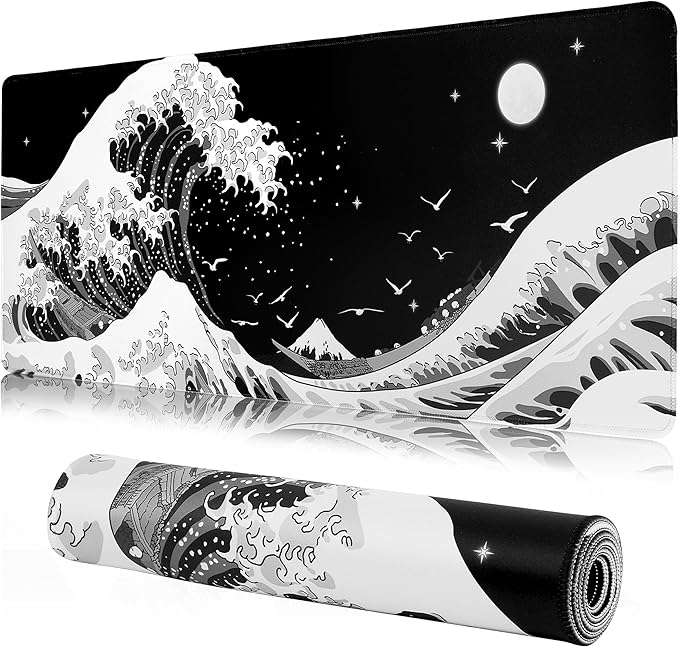 MEWOOCUE® Gaming Mouse Pad for Desk,Large Sea Wave Mousepad Laptop,Black White Japanese Anime Mouse Mat,Long XXL Waterproof Keyboard Pads,Big Non-Slip Mouse Pads for Game Office Home（35.4 x 15.7 in）