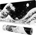 MEWOOCUE® Gaming Mouse Pad for Desk,Large Sea Wave Mousepad Laptop,Black White Japanese Anime Mouse Mat,Long XXL Waterproof Keyboard Pads,Big Non-Slip Mouse Pads for Game Office Home（35.4 x 15.7 in）