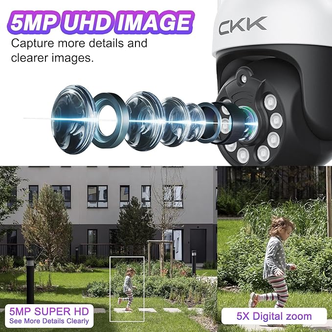 CKK 2K Security Camera Wireless Outdoor, 2.4G/5G Wireless, 360 Degree PTZ, PIR Motion Detection, Color Night Vision, 2-Way Talk, IP66 Waterproof, Audible & Floodlight Alarm for Home, Garage and Yard