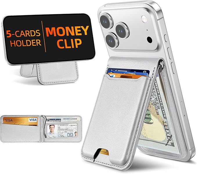 For Magsafe Wallet with Money Clip, Strongest Magnetic Wallet for iPhone 17/16/15/14/13/12 Series, Adjustable Stand, ID Window, 5 Card Holder, RFID Blocking, Not for 13/12 Mini, Black, Light Gray