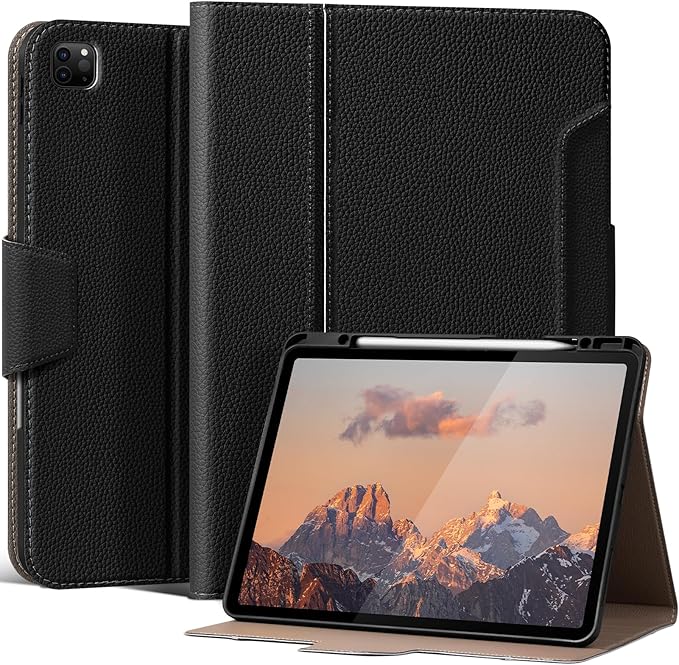 for iPad Pro 12.9" 6/5/4/3rd Generation Case 2022/2021/2020/2018, Smart Leather Folio Stand Cover with Buckle with Built-in Apple Pencil Holder & Auto Wake/Sleep & Multi Viewing Angles, Black