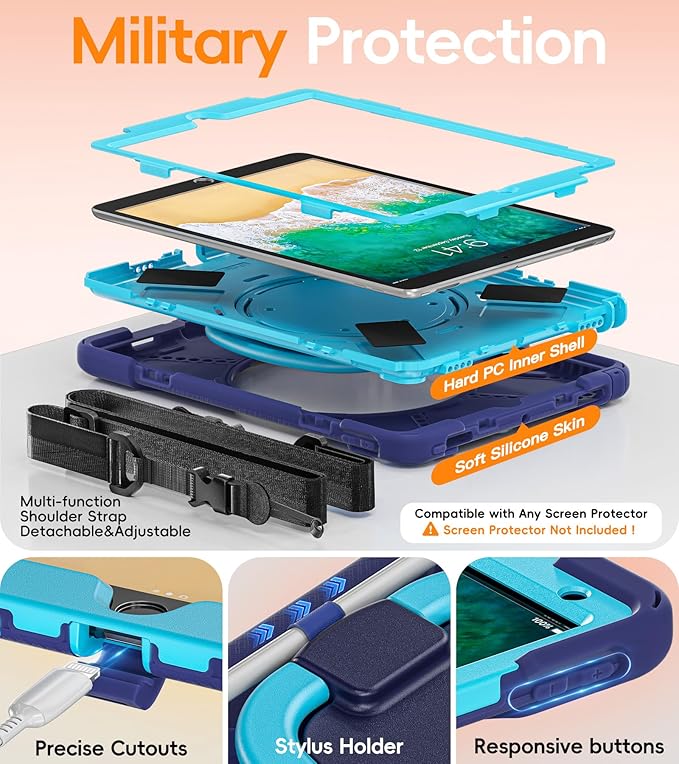 BATYUE case for iPad Air 3rd Gen 2019 & iPad Pro 10.5" 2017, Heavy Duty Rugged Protective Cover with 360° Swivel Stand, Shoulder Strap & Pencil Holder - for Business, Outdoor, Construction - Navyblue