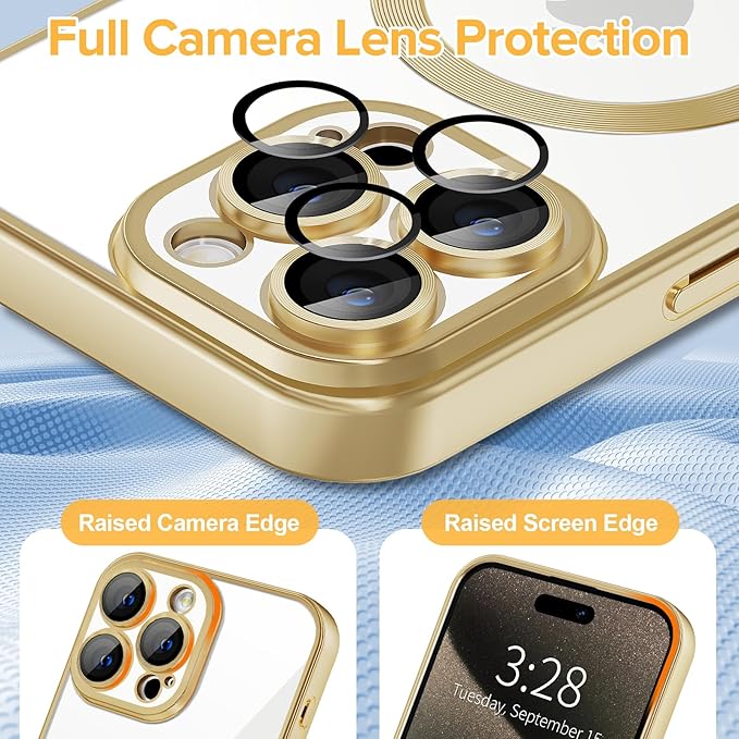 Hython Magnetic Clear for iPhone 15 Pro Case with Camera Lens Protector [Compatible with MagSafe] Luxury Plating Edge Slim Soft TPU Cover Protective Phone Case for iPhone 15 Pro 6.1", Matte Gold