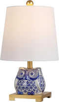 JONATHAN Y 16" Blue/White Ceramic Owl Mini Table Lamp for Bedroom or Office, Modern Farmhouse Nightstand Lamp with White Linen Shade, LED Bulb Included JYL3014A