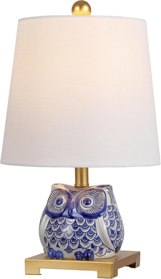 JONATHAN Y 16" Blue/White Ceramic Owl Mini Table Lamp for Bedroom or Office, Modern Farmhouse Nightstand Lamp with White Linen Shade, LED Bulb Included JYL3014A