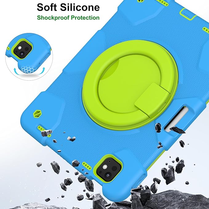 Andnary Case for iPad Pro 11 Inch M4 2024/M5 2025 Case, Heavy Duty Shockproof Cover with Screen Protector/360° Rotate Stand/Shoulder Strap/Pencil Holde (Blue+Green, iPad Pro M4/M5 11 inch)