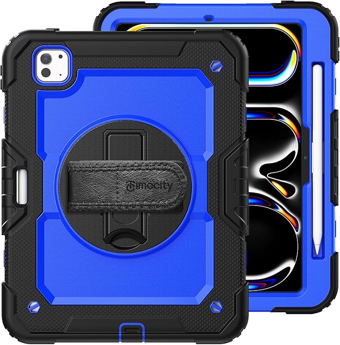 timecity Case for iPad Pro 11 Inch M5 2025 / M4 2024, 360° Rotating Stand, Pencil Holder & Wireless Charging, Shockproof with Screen Protector & Shoulder Strap -for Designers & Professionals,Dark Blue