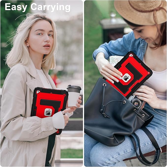 Kids Friendly Case for Apple iPad 10.2" 9th 8th 7th Generation 2021/2020/2019 Case with Pencil Holder & Shoulder Strap, Military Grade Shockproof Kickstand Hard Shell Protective Cover,Black+Red