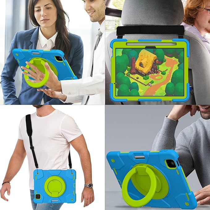Andnary Case for iPad Air 11 inch Case M4/M3/M2 (2026/2025/2024), Heavy Duty Shockproof Cover with Screen Protector, 360° Rotating Stand, Pencil Holder, Shoulder Strap (Blue+Green)