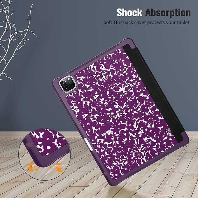 Fintie SlimShell Case for iPad Pro 11-inch (4th / 3rd Generation) 2022/2021 - Soft Flexible TPU Stand Back Cover with Pencil Holder, Also Fit iPad Pro 11" 2nd / 1st Gen, Composition Book Purple