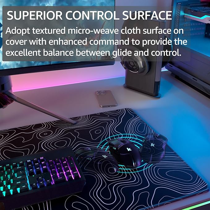 KTRIO Large Gaming Mouse Pad Desk Mat, Superior Micro-Weave Cloth, Non-Slip Rubber Base, Stitched Edges, Water-Resistant, for Gamer, Office & Home, 31.5 x 15.7 Inch，Black Topographic