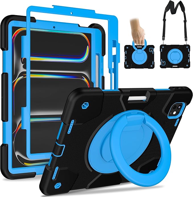 Andnary Case for iPad Pro 11 Inch M4 2024/M5 2025 Case, Heavy Duty Shockproof Cover with Screen Protector/360° Rotate Stand/Shoulder Strap/Pencil Holde (Black+Blue, iPad Pro M4/M5 11 inch)