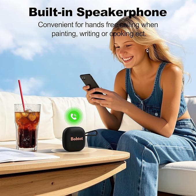 Bobtot Portable Bluetooth Speakers, Wireless IPX7 Waterproof Mini Speaker with 16H Playtime, Loud Stereo Sound, TWS, Built-in Microphone, Small Size with Lanyard, Black