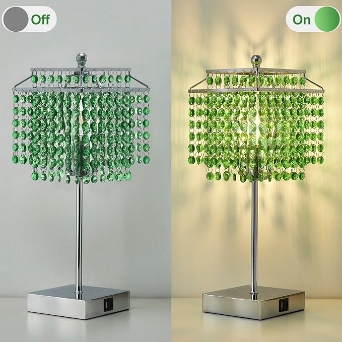 Luvkczc Crystal Table Lamp with Touch Control, Bedside Crystal Table Lamp with USB C+A Ports,Dimmable Lamp for Girls Bedroom, Living Room, Green & B11 LED Bulb Included