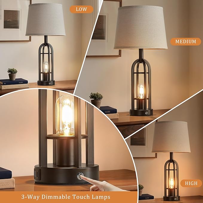 SRJJA 24" Table Lamps for Living Room Set of 2, Farmhouse Industrial 3-Way Dimmable Touch Bedside Lamps with USB A+C for Bedroom Nightstand，4 Bulbs Included