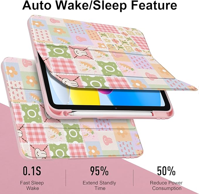 Case for iPad Air 13 inch 2026 M4 2025 M3 2024 M2 Release Slim Lightweight Shockproof Cute Printed Cover with Clear Back TPU Edge Pencil Holder Trifold Stand Auto Wake Sleep, Cute Bunny