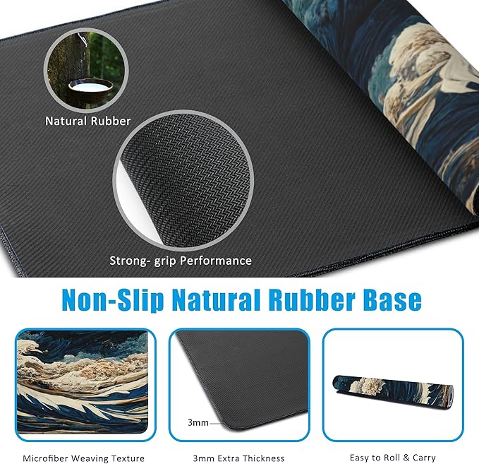 Japanese Ocean Waves Large Gaming Mouse Pad,Waterproof Desk Mat for Desktop,Non-Slip Rubber Base Mousepad with Stitched Edges for Laptop Office and Home 35.4X15.7 Inch