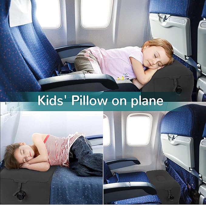 Inflatable Travel Foot Rest Pillow, Adjustable 3 Layers Height Leg Rest Pillow, Kids Airplane Bed, Adults Travel Essentials on Plane, Trains, Cars, Office, Home (Black, 2 PCS)
