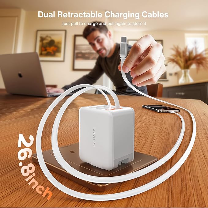 iVANKY Smallest 4-in-1 Retractable GaN Wall Charger for iPhone 17 Air, 45W USB C Charger Block with Dual USB C Cables, Fast Charging Samsung, 4-Port Adapter for 16/15/14 Pro Max, MacBook Neo