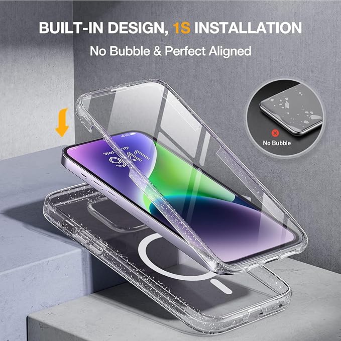Miracase Glass Series Designed for iPhone 14 Plus Case 6.7 inch, 2023 Upgrade Full-Body Magnetic Clear Case with Built-in 9H Tempered Glass Screen Protector,Compatible with MagSafe,Clear Glitter