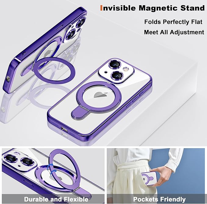 Compatible with iPhone 14 Plus Case with Invisible Magnetic Ring Stand [Compatible with Mag-Safe] [Full Camera Lens Protector] Plating Clear Phone Case for iPhone 14 Plus 6.7", Purple