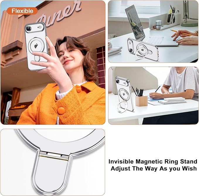 Compatible with iPhone 17 Air Case with Invisible Magnetic Ring Stand [Compatible with Mag-Safe] [Full Camera Lens Protector] Plating Clear Phone Case for iPhone 17 Air 6.5", Silver
