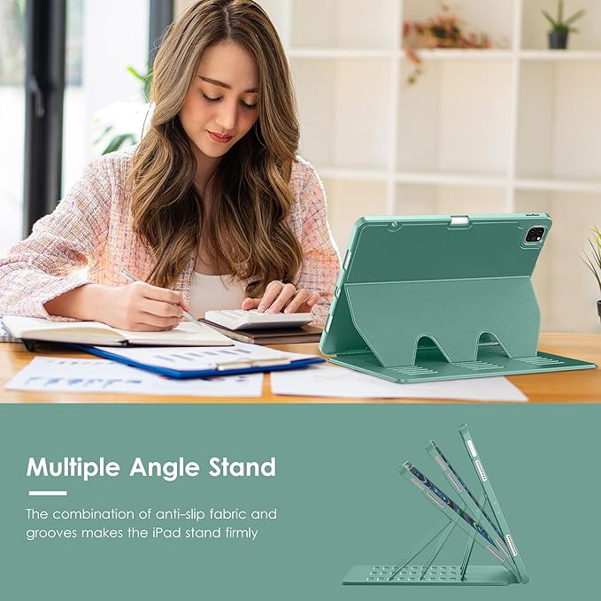 VIKESI Case for iPad Pro 12.9 6th / 5th / 4th / 3rd Generation Case 2022/2021/2020/2018,Multiple Angles Magnetic Stand Cover,Shockproof Soft Back,Pencil Holder,and Auto Sleep/Wake,Forest Green
