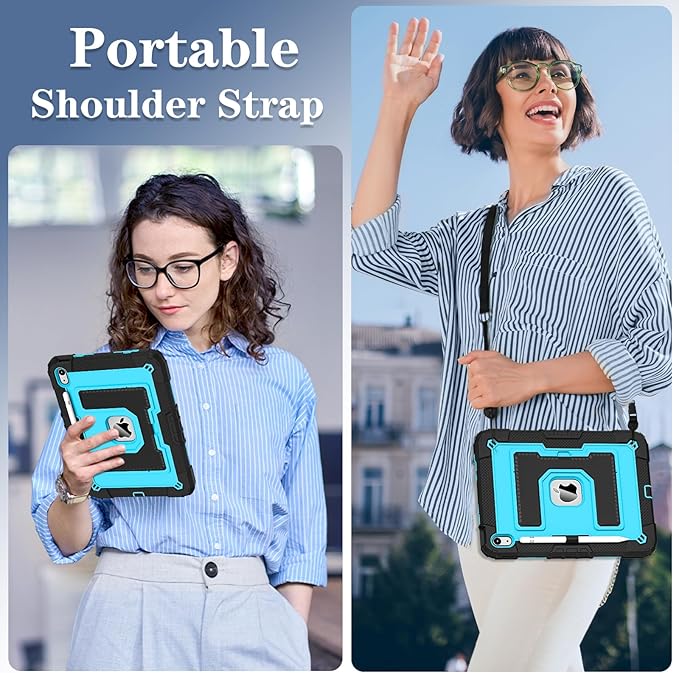 Kids Friendly Case for iPad A16 11th Generation 11 Inch 2025 / iPad 10th Generation 10.9" 2022 Case with Pencil Holder & Shoulder Strap, Hybrid iPad 11 10 Cover Rugged Shockproof Kickstand,Black+Blue