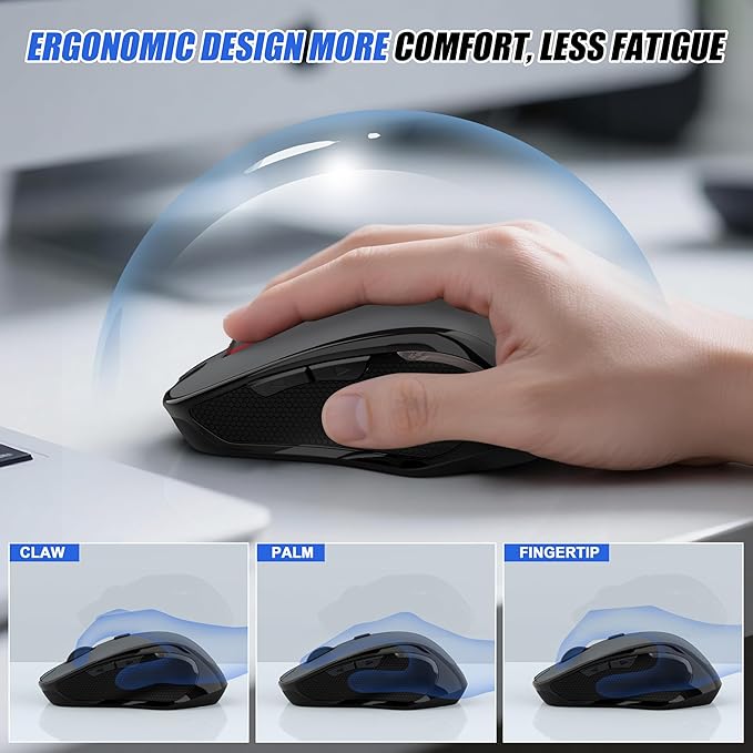 Bluetooth Wireless Laptop Mouse for MacBook Air Pro iPad Mac, Ergonomic Rechargeable Mouse with Jiggler Mode, 2 Mode Bluetooth & 2.4G USB-A/USB-C Receiver, Silent Optical Computer Mice, Grey
