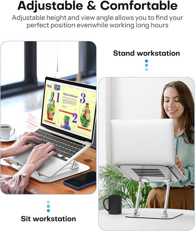 OMOTON Laptop Stand for Desk, Ergonomic Metal Adjustable Laptop Stand, Laptop Holder Riser with Cooling Function, Computer Stand Compatible with MacBook and All Laptops (10-17.2 inch), Silver