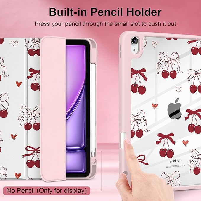 Case for iPad Air 13 inch 2026 M4 2025 M3 2024 M2 Release with Pencil Holder - Aesthetic Cute Preppy Design Trifold Cover with Soft TPU Bumper Clear Back Auto Sleep for Girls Women, Cherry