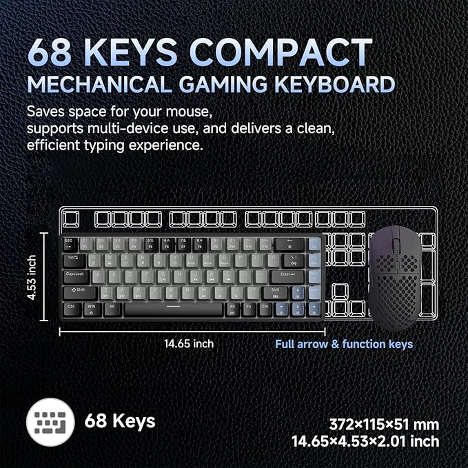 DIERYA DK68 60% Wireless Mechanical Gaming Keyboard, 3 Modes Bluetooth/2.4G/USB-C with Clicky Blue Switch, RGB Backlit, Anti-Ghosting, 68-Key Compact mini Keyboard for Windows/macOS/Linux- Black/Grey