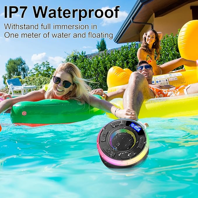 Shower Bluetooth Speaker IPX7 Waterproof, Portable Bluetooth Speakers with Suction Cup and Time Display, Crystal Sound&Bass LED Light 1100mAh, Wireless Shower Speaker for Outdoor/Kayak/ Gifts/Beach