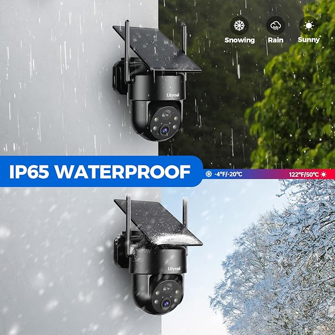 LITYMOL 2K 2.4g WiFi Security Cameras Wireless Outdoor, 360° View Solar Cameras for Home Security, Color Night Vision, AI Detection, 2-Way Audio, Spotlight Siren Alarm, SD/Cloud Storage