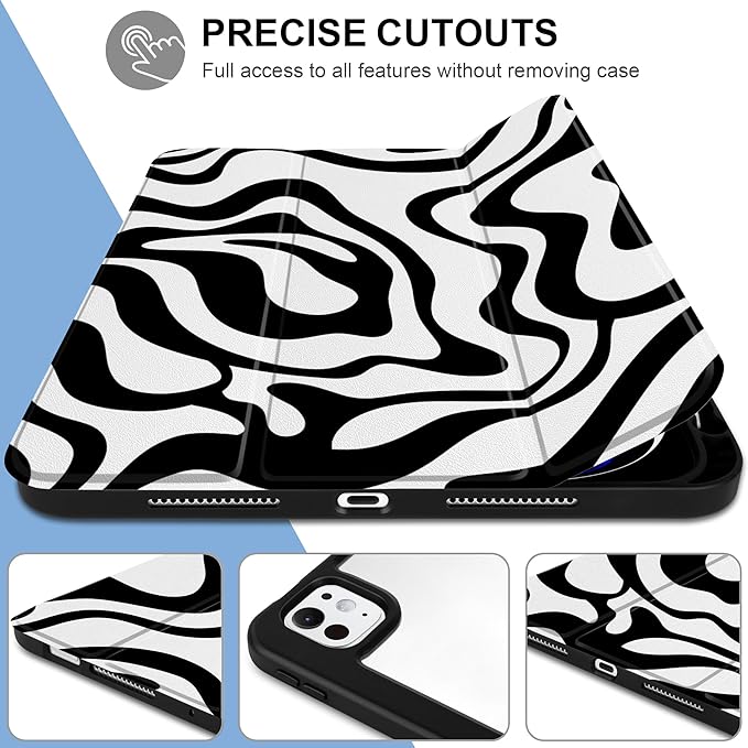 Case for iPad Pro 11 inch (M5) 2025 (M4) 2024 Release with Pencil Holder - Aesthetic Cute Preppy Design Trifold Cover with Soft TPU Bumper Clear Back Auto Sleep/Wake for Girls Women, Waves