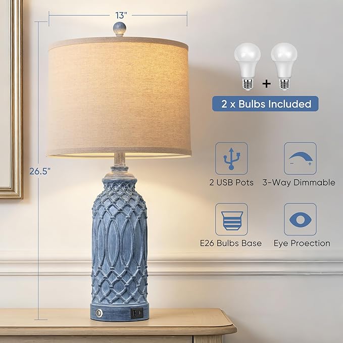 Woven Resin Table Lamps Set of 2, Farmhouse Table Lamps with USB Ports, Touch Button Switch Beside Lamps, Resin Desk Lamp, Linen Shade, Nightstand Lamp for Living Room Bedroom Decor (2 Bulbs Included)