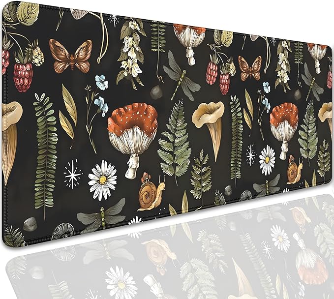 Plant Mushroom Desk Pad Mouse Pad,Large Black Aesthetic Mouse Mat with Stitched Edges,Non-Slip Rubber Base Mousepad for Office PC Keyboard Laptop and Home Work Desk Mat(27.5X11.8 in)