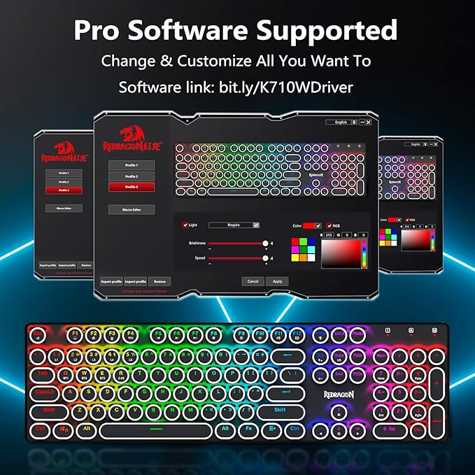 Redragon Wireless Typewriter Style Mechanical Gaming Keyboard, Bluetooth/2.4Ghz/Wired, RGB Backlit, Rechargeable, Blue Switch - Clicky, Metal Panel, Round Keycaps, Black