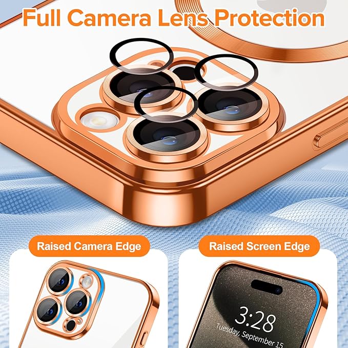 Hython Magnetic Clear for iPhone 15 Pro Case with Camera Lens Protector [Compatible with MagSafe] Luxury Plating Edge Slim Soft TPU Cover Protective Phone Case for iPhone 15 Pro 6.1", Orange