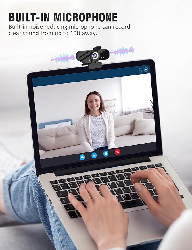 Tewiky Full HD Webcam with Built-in Microphone and Rotatable Tripod, 4K Video and Wide Angle Camera, Privacy Cover, for Desktop PC or Laptop Computer