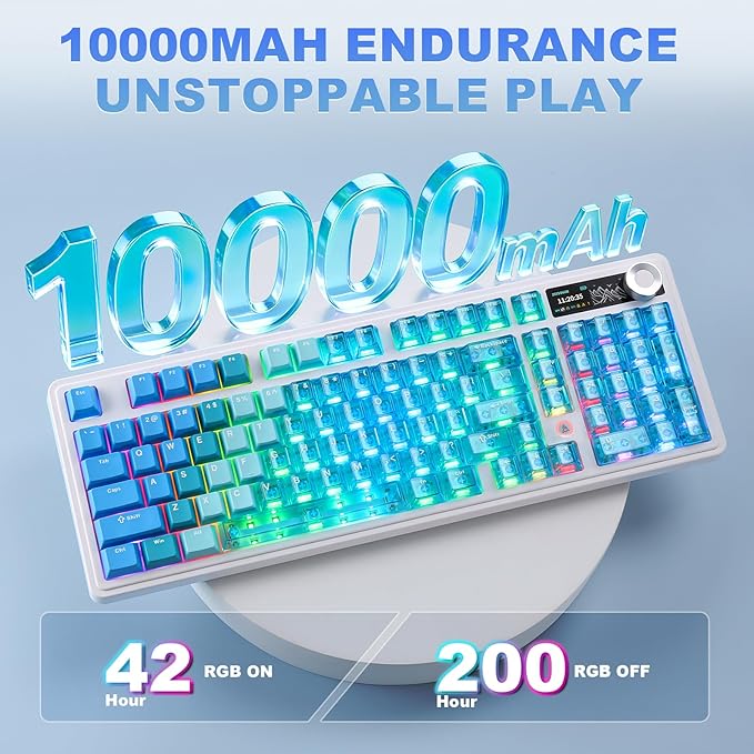 AJAZZ AK980 V2 Pro 98% Dual 8K Mechanical Keyboard, 10000mAh Wireless Tri-Mode Gaming Keyboard with Smart Display & Knob, Hot Swappable BT/2.4G/USB-C for Win/Mac (Blue,Lychee Switch)
