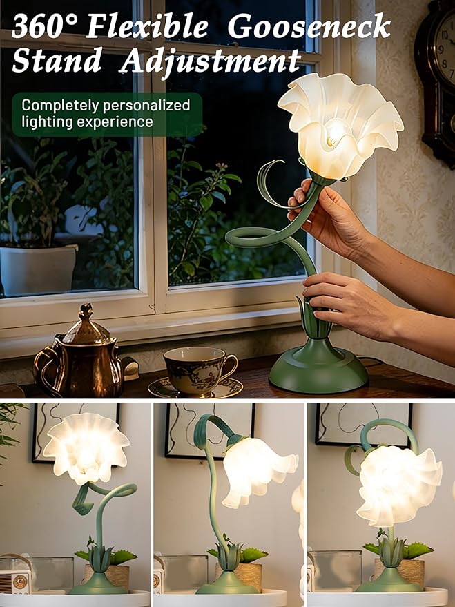 Mothers Day Gifts for Mom, Flower Table Lamp, LED Reading Light 3 Color Modes Bedside Lamps, Vintage Flower Nightstand Lamp Kawaii Table Lamps for Bedroom Living Room Home Decoration(Green lamp)