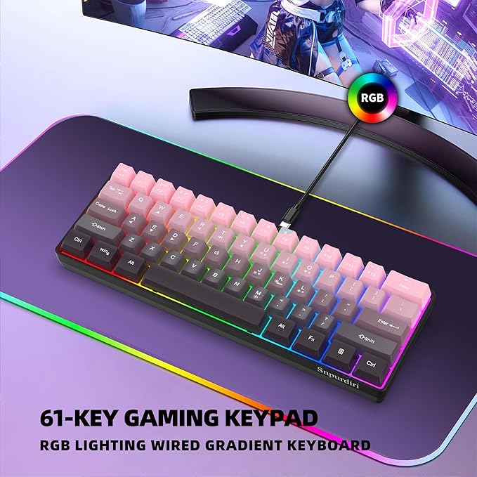 Snpurdiri 60% Wired Gaming Keyboard, 61 Keys RGB Backlit Ultra-Compact Small Gaming Keyboard, for PC/Mac Gamer, Typist, Travel, Easy to Carry on Business Trip (Pink-Black)