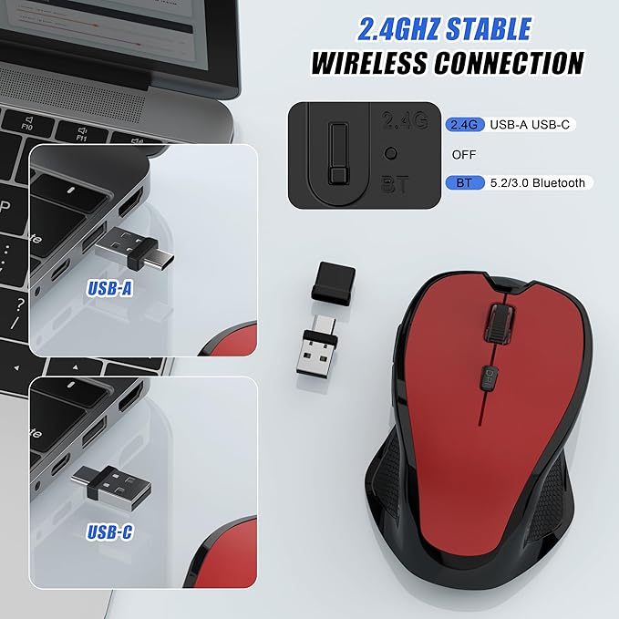 Bluetooth Wireless Mouse, 2.4G Ergonomic Rechargeable Computer Mouse for MacBook Air iPad Pro PC with Jiggler Mode, 3 DPI Levels & Forward/Back Buttons Laptop Mice for Office/Home/School - Red