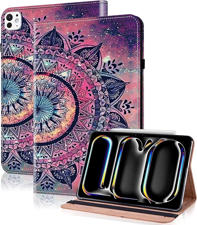 Case for iPad Pro 13 inch (M5/M4) 2025/2024, Premium Leather Folio Stand Protectors Cover with Auto Wake/Sleep, Pencil Holder, Hand Strap and Card Slots - Mandala