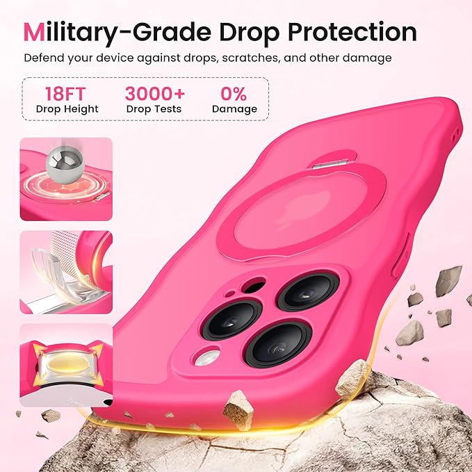 CAPRARO for iPhone 13 Pro Max Case with 360° Spin Magnetic Stand for Women, [Compatible with MagSafe] [Full Camera Protection] Cute Wave Translucent Matte Case for iPhone 13 Pro Max, Hot Pink