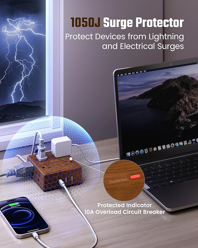Brown Extension Cord 10Ft, Flat Plug Power Strip Surge Protector, 8 Outlets & 4 USB Ports (2 USB C), Desktop Charging Station Hidden Behind Furniture, Decorative Office Desk Accessories (Walnut Wood)