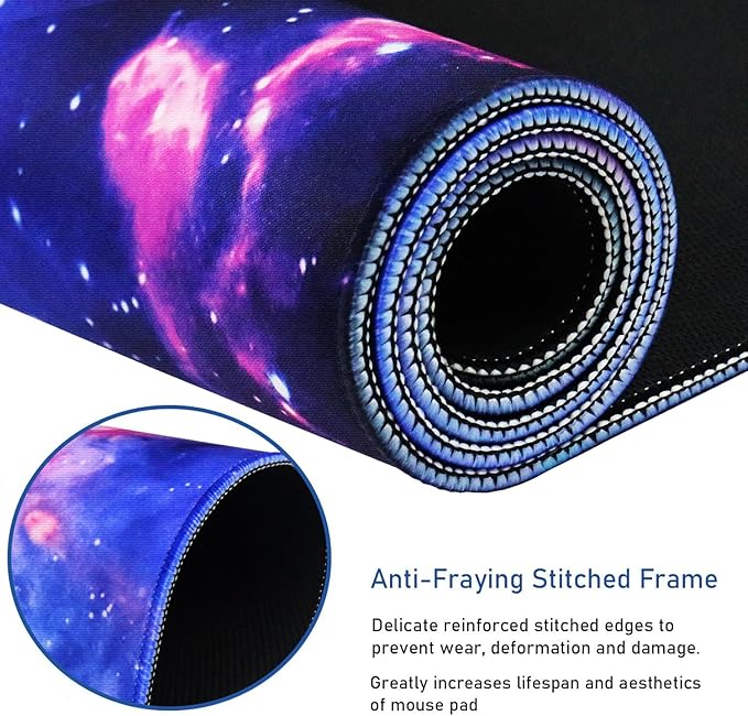 Large Extended Gaming Mouse Pad with Stitched Edges, (31.5X15.7In) Durable Non-Slip Natural Rubber Base, Waterproof Computer Keyboard Pad Mat for Esports Pros/Gamer/Desktop/Office/Home, Galactic Blue