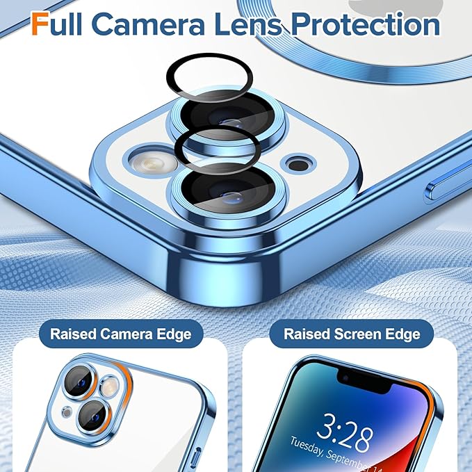 Hython Magnetic Clear for iPhone 14 Case with Camera Lens Protector [Compatible with MagSafe] Luxury Plating Edge Slim Soft TPU Cover Protective Phone Case for iPhone 14 6.1", Light Blue